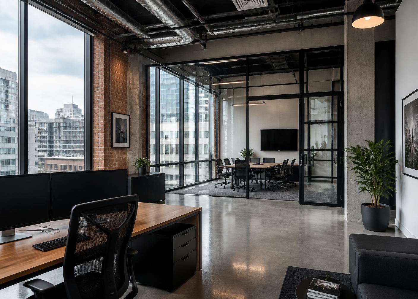 Modern consulting office interior with meeting table and skyline view